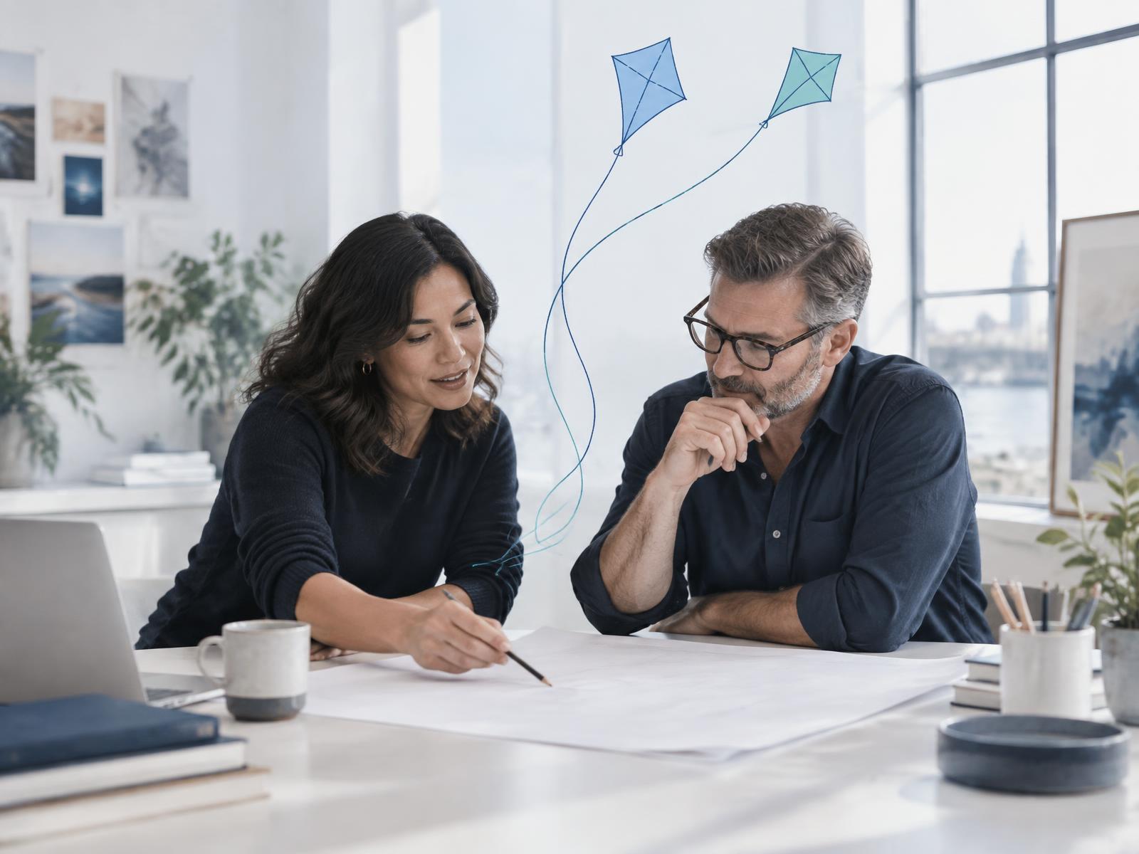 Two marketing strategists collaborating beneath connected blue and teal kite line art